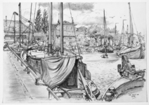 206441 Gezicht op een aantal vissersschepen in de Oude Haven van Spakenburg (gemeente Bunschoten) met op de achtergrond ...